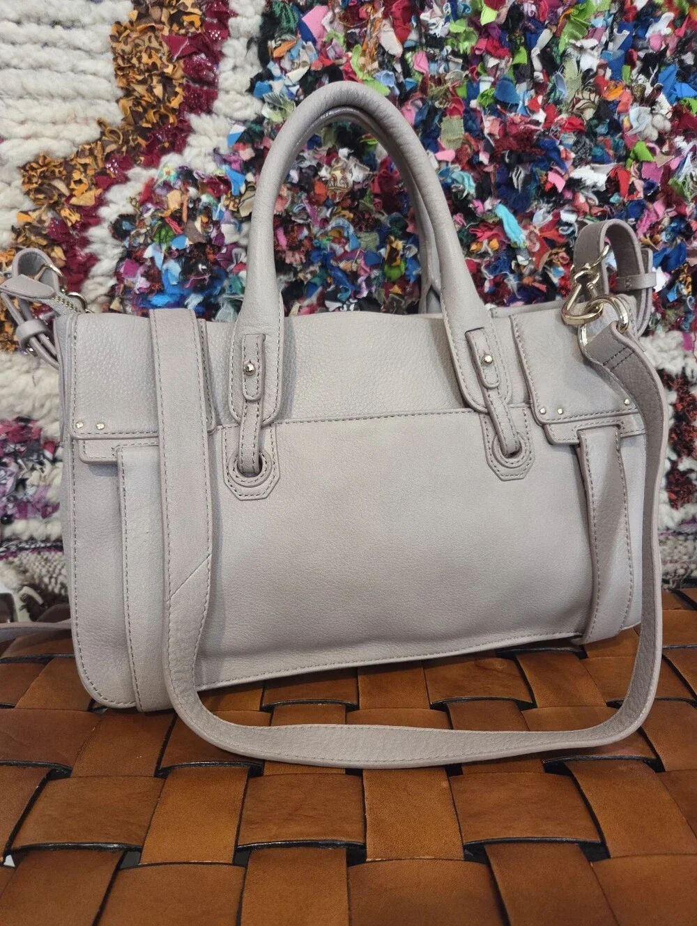Leather Satchel Handbag in Light Taupe